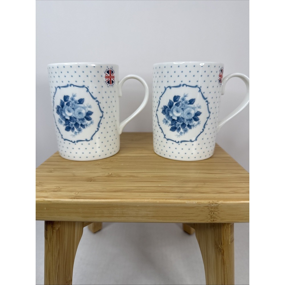 ROY KIRKHAM Blue Floral‎ On Dots Fine Bone China LUCY Mug Set Of 2 England